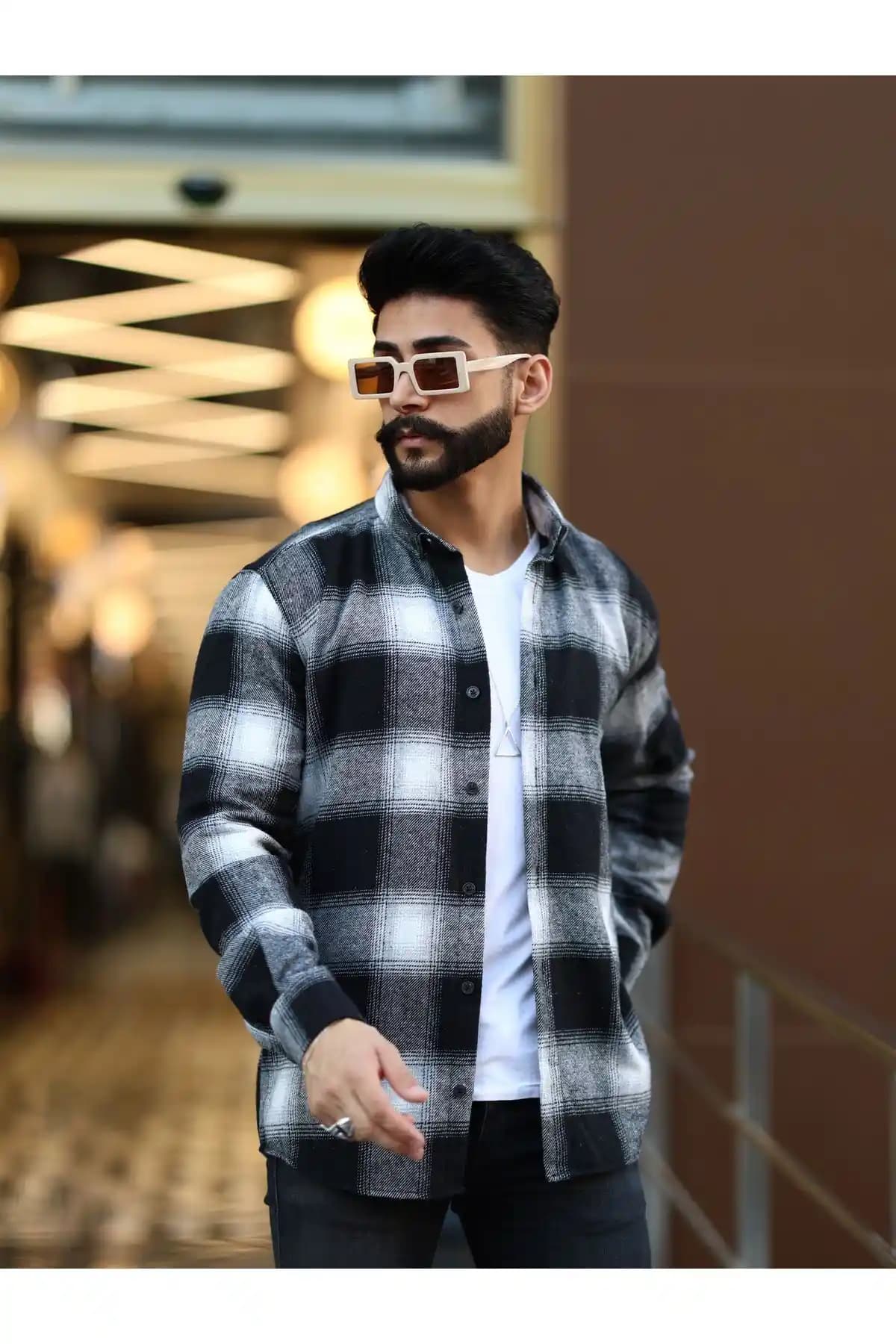 Mavisima Erkek Giyim Oduncu Gömlek Siyah Beyaz Çizgili Dik Yaka Düğmeli