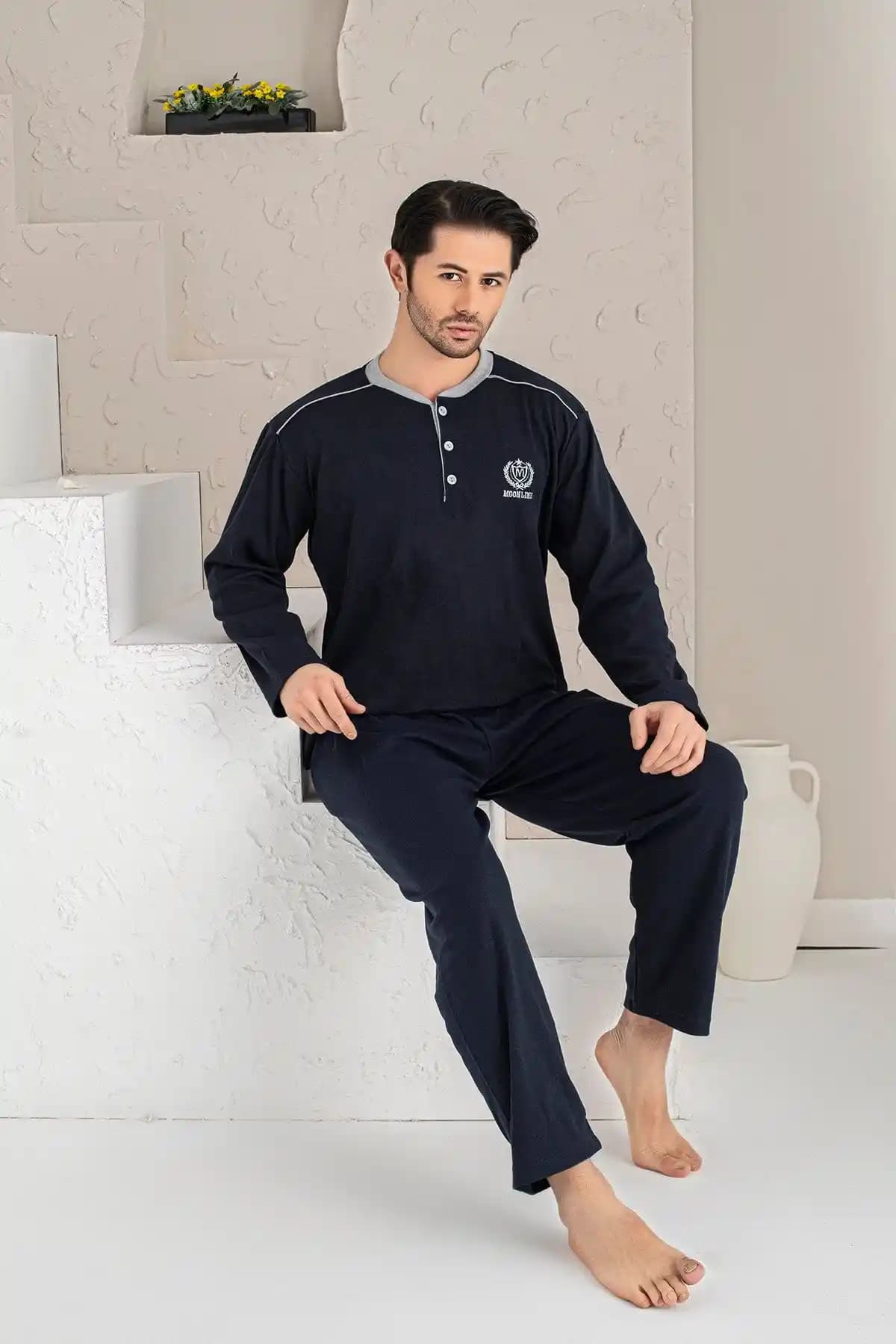 MİRELLA Erkek Lacivert Uzun Kollu Pijama Takımı - Rahat ve Şık Ev Giyim Seçeneği