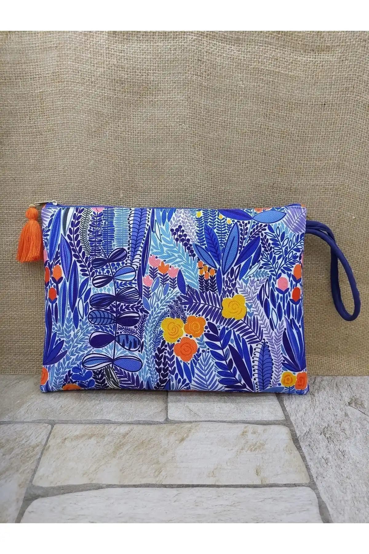 OBİDEV Saks Mavi Çiçekler Portföy Çanta Günlük ve Şık Kullanım İçin Tasarlandı