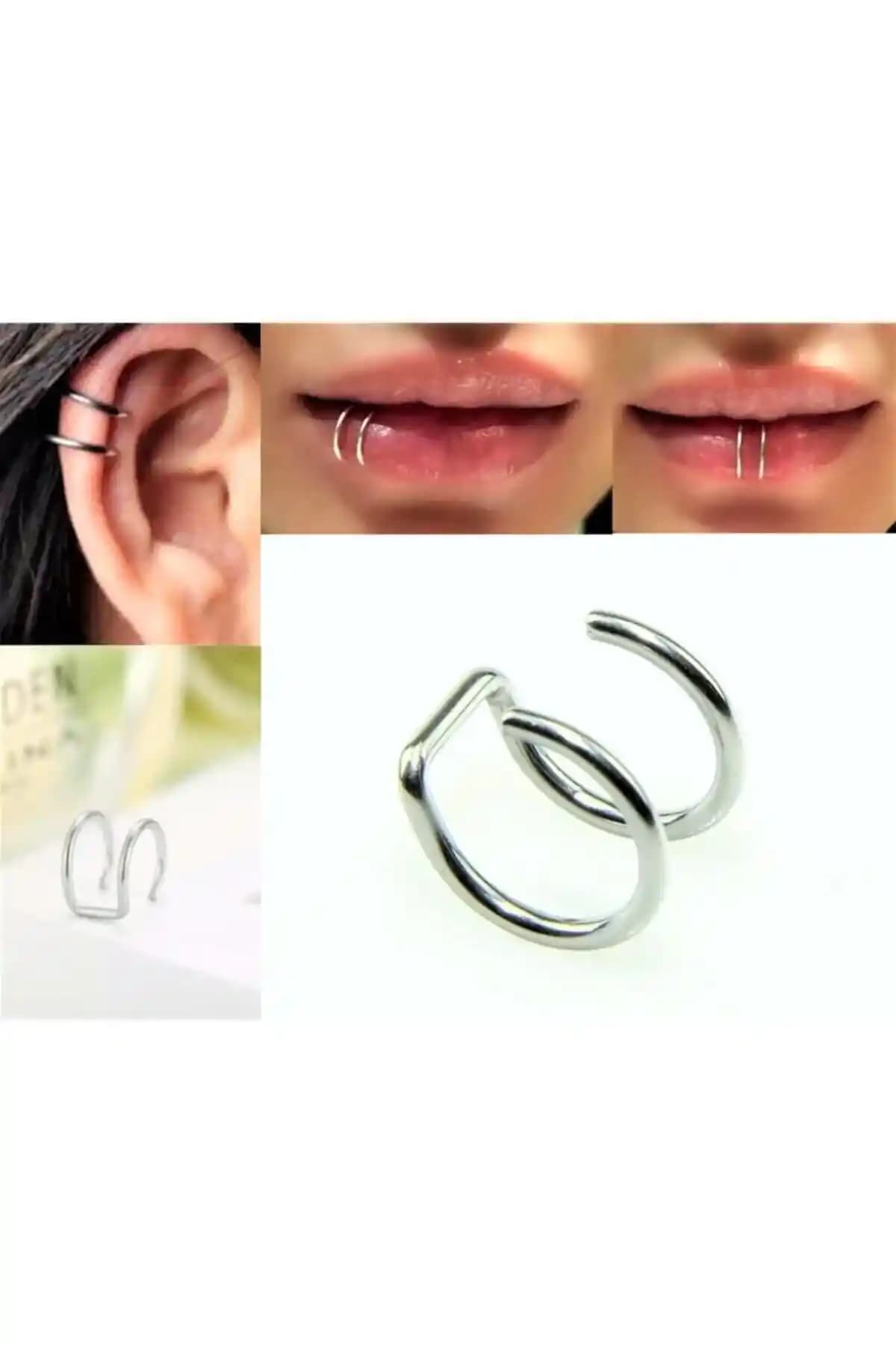 Piercing Market Steel & Silver Deliksiz Sıkıştırma Unisex Fake Dudak Burun Kulak Kıkırdak Küpe