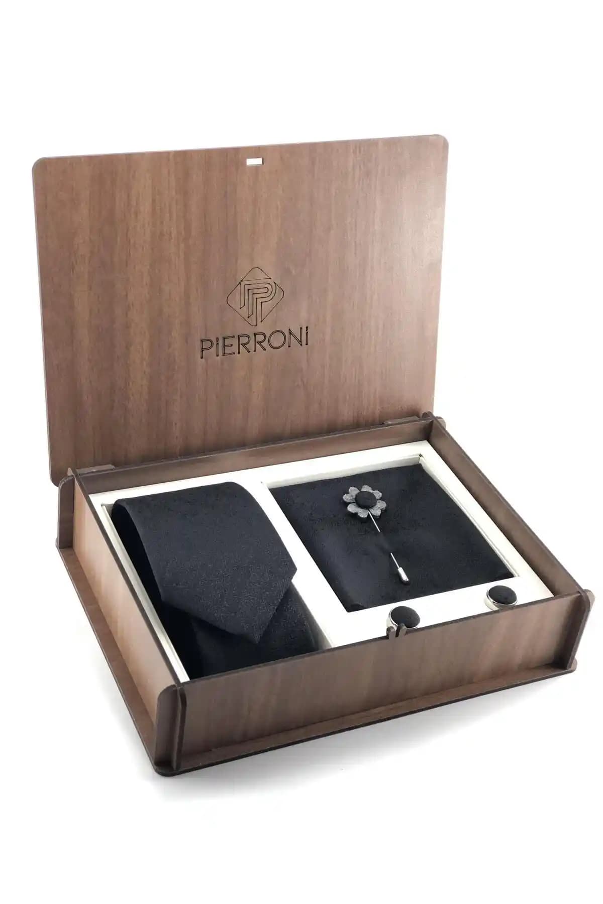 PİERRONİ Siyah Kravat 4'lü Özel Kombin Ahşap Kutulu Seti Şıklık ve Zarafet İçin Uygun