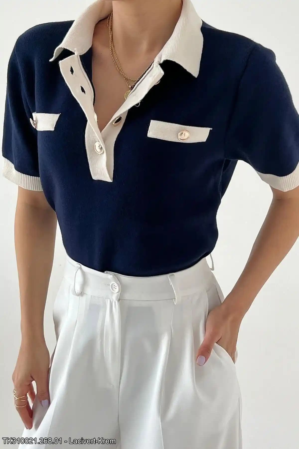 Rhosus Kadın Kısa Kollu Lacivert Polo Yaka Triko Günlük ve Şık Kullanım İçin