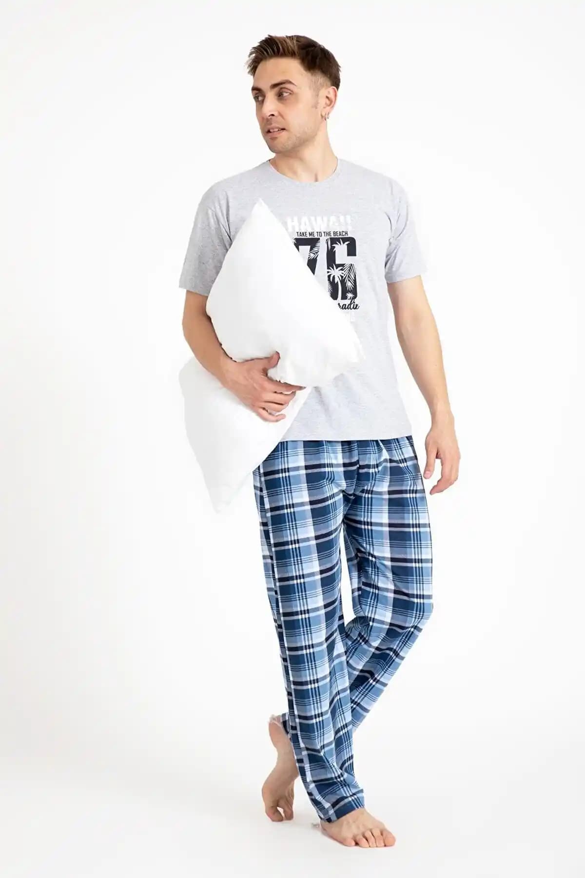 TAMPAP Erkek Baskılı Pamuklu Kısa Kollu Pijama Takımı Şık ve Rahat Ev Giyim Seçeneği