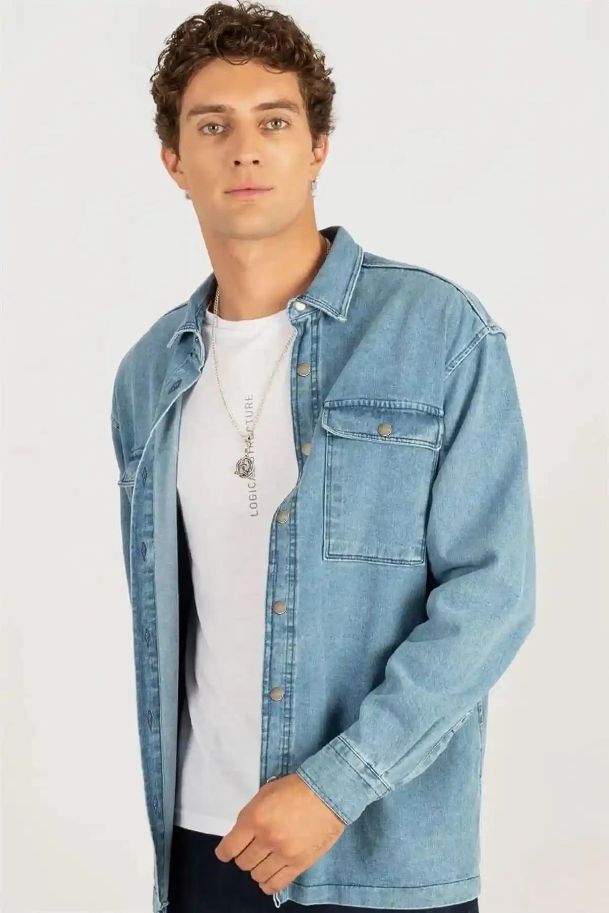 Tudors Unisex Oversize Denim Kot Gömlek Çift Cepli Mavi Giyim Tarzı