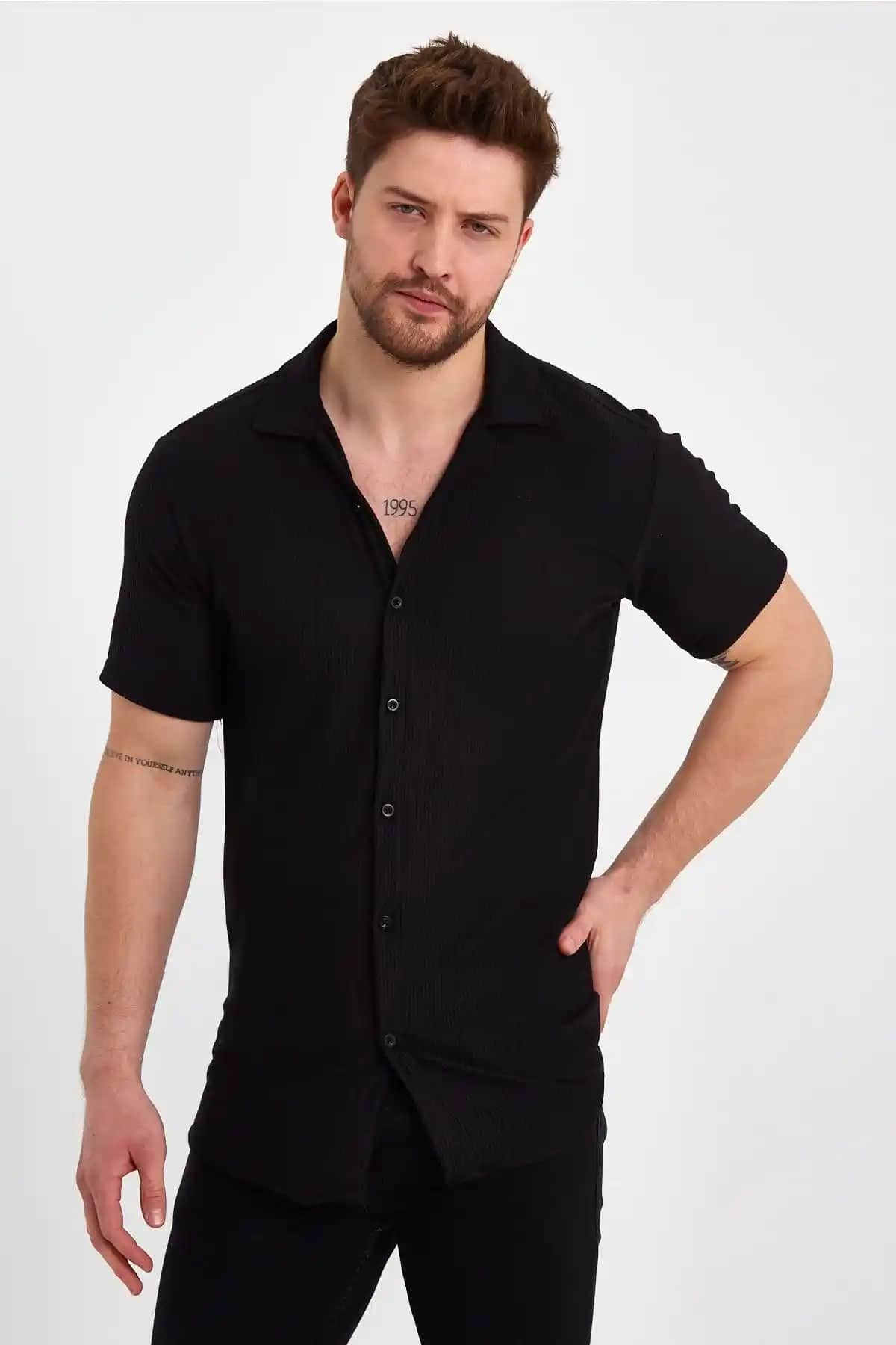 WAMOSSALAPLI Kısa Kollu Fitilli Örme Gömlek Erkekler İçin Yazlık Şıklık ve Konfor