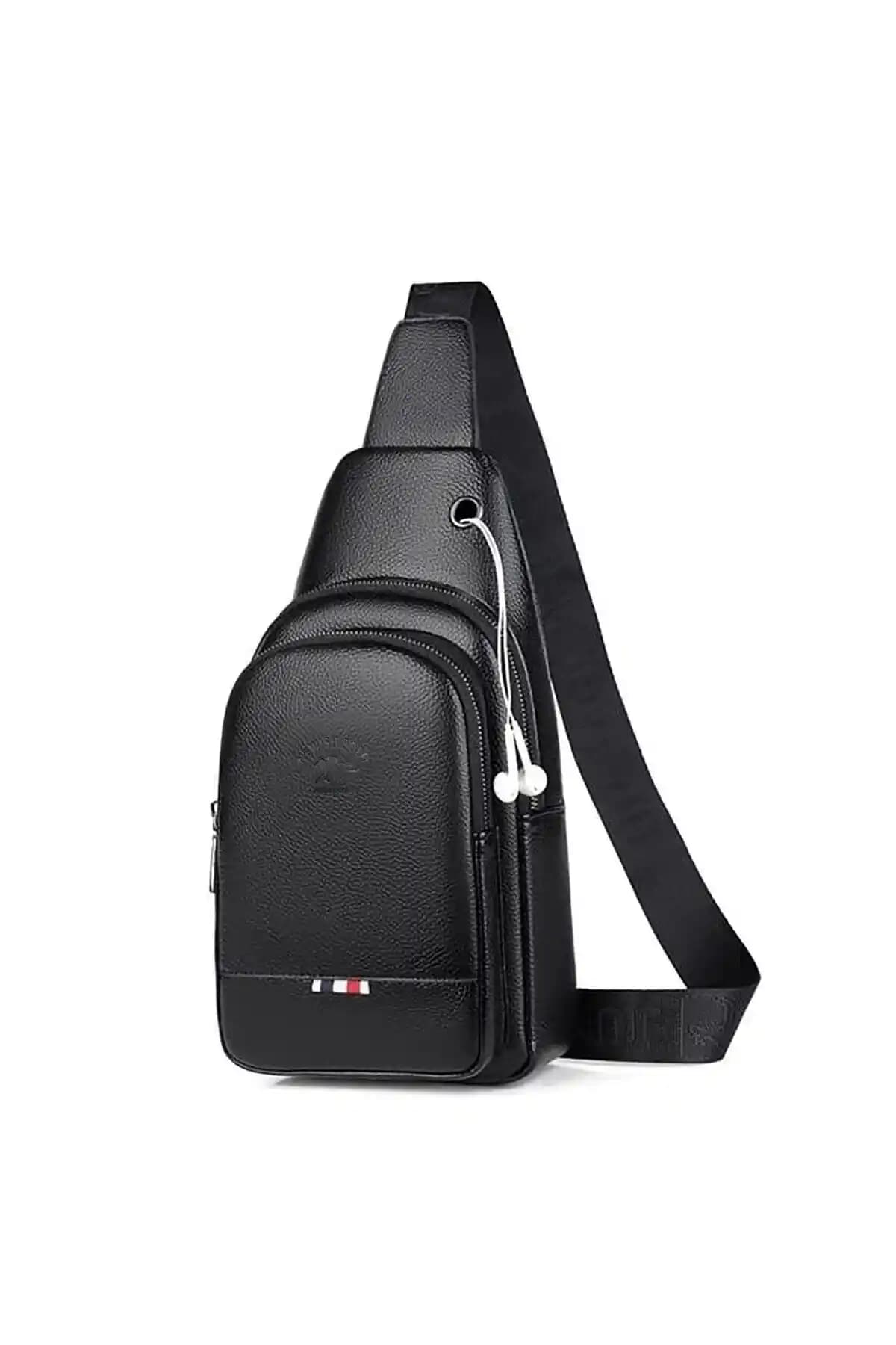Yeni Nesil Erkek Siyah Vegan Deri Kulaklık Çıkışlı Çapraz Omuz Çantası İdeal Şehir Aksesuarı