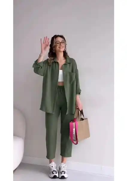Barbora Keten Günlük Kadın Takım Elbise Pantolon Gömlek Modern ve Rahat Tasarım