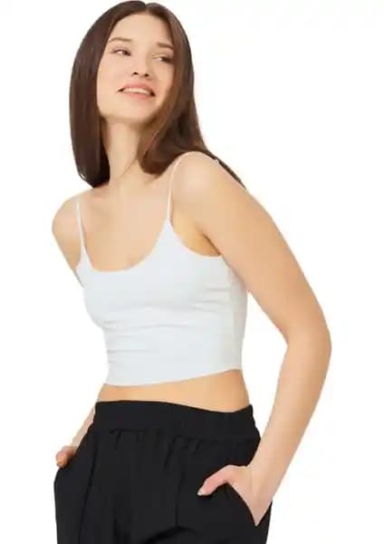 Cottonhill Krem Renkli Ayarlanabilir Askılı Lazer Kesim Kadın Crop Büstiyer