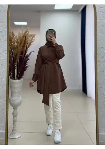 Ebrar Store Selen Damarlı Kumaş Bağlamalı Gömlek Modern ve Rahat Tasarım