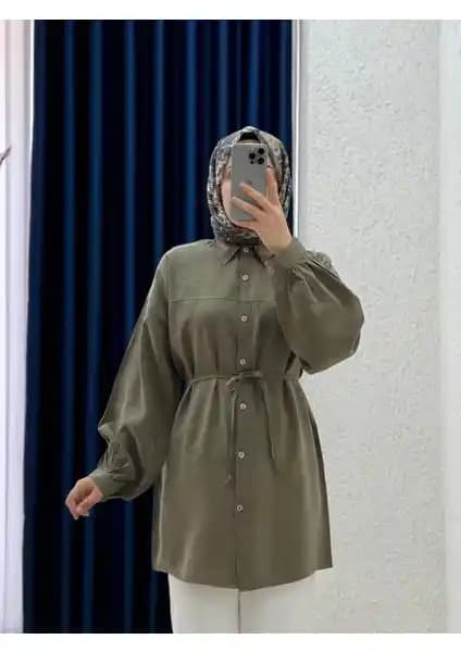 Ebrar Store Yelilia Bağcıklı Robalı Modal Gömlek Haki Şık ve Çok Yönlü Tasarım