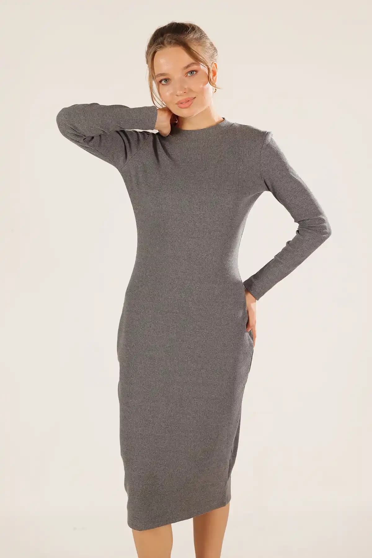 ESPİNA Yarım Boğazlı Bodycon Uzun Kollu Fitilli Kaşkorse Elbise Günlük ve Özel Gün Kullanımı İçin