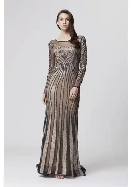 Gold Bej Transparan Detaylı Uzun Abiye Elbise - Şık ve Zarif Tasarım