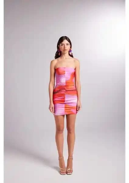 Holly Lolly Drapeli Mini Straplez Dainty Elbise Turuncu Kadın Gece ve Davet Elbisesi