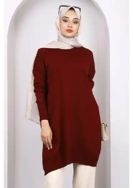 İmaj Butik Koyu Bordo Merserize Salaş Triko Tunik Kadınlar İçin Şık ve Rahat Tasarım