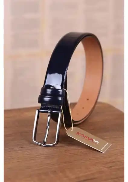 Kasva Deri 3.5 cm Lacivert Rugan Düz Erkek Kemerleri Şıklık ve Dayanıklılık Sunar