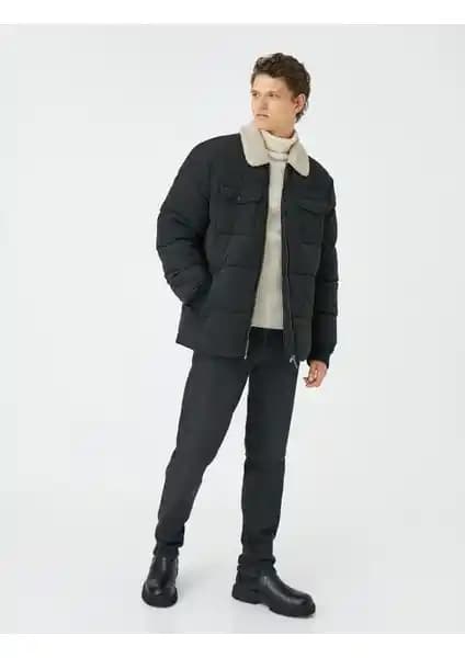 Koton Erkek Şişme Mont Çift Cepli Fermuarlı Peluş Yaka Detaylı Sürdürülebilir Kış Giyim