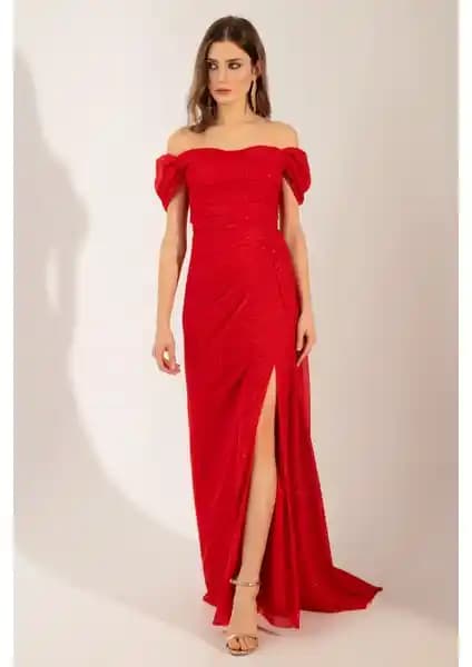 Lafaba Kadın Kırmızı Kayık Yaka Drapeli Uzun Simli Abiye Elbise Tanıtımı ve Özellikleri