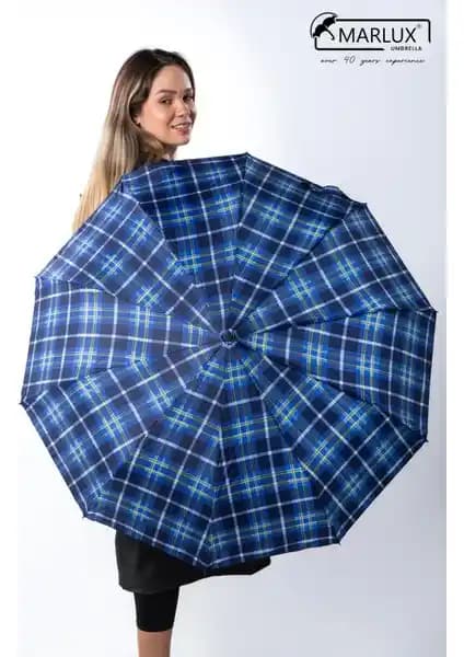 Marlux Lacivert Mavi Ekose Desen Fiber 10 Telli Tam Otomatik Rüzgar Dayanıklı Şemsiye
