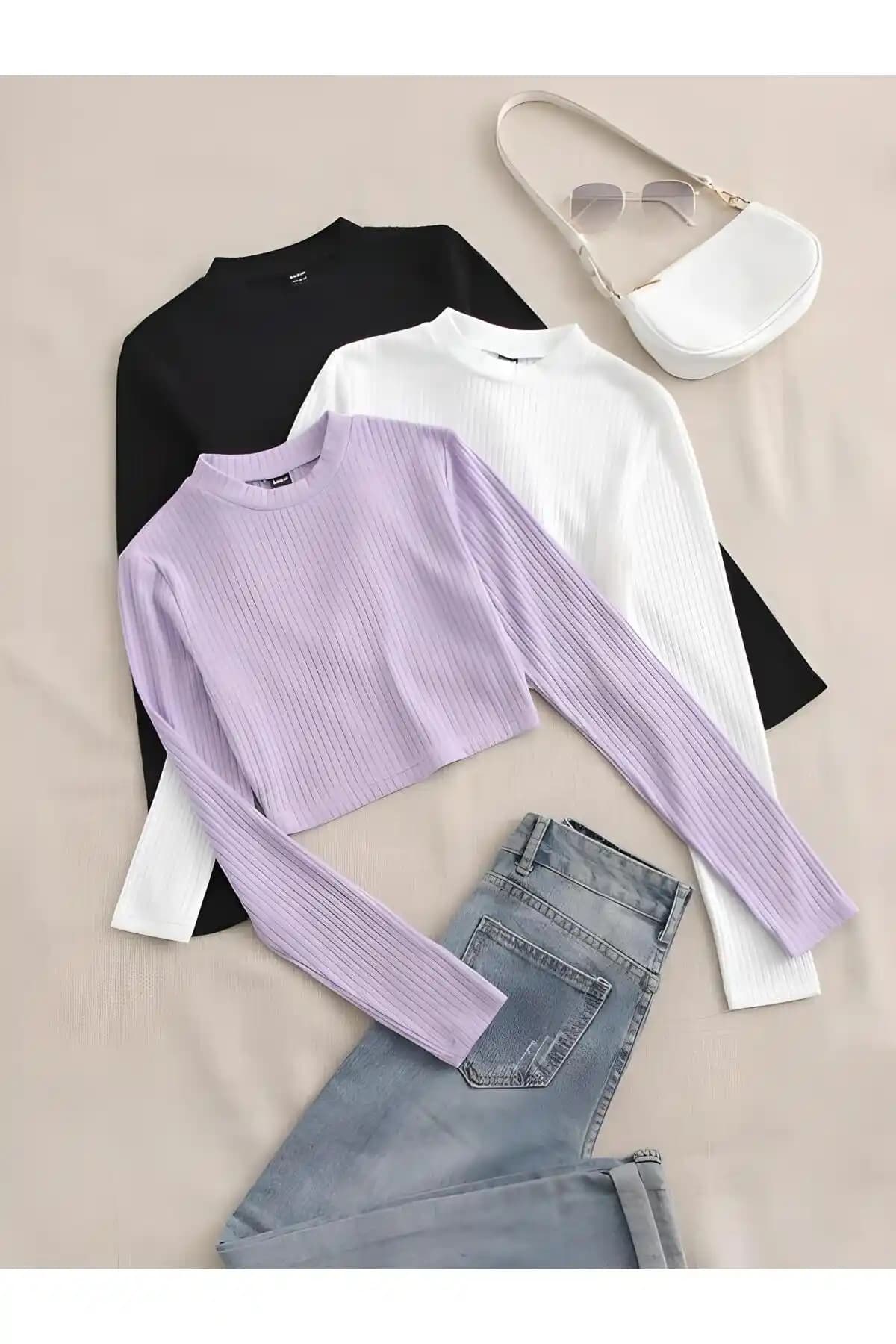 Öz Pamuk Kadın 3'lü Fitilli Crop Bluz Modern ve Şık Tasarımıyla Günlük Kullanım İçin Uygun