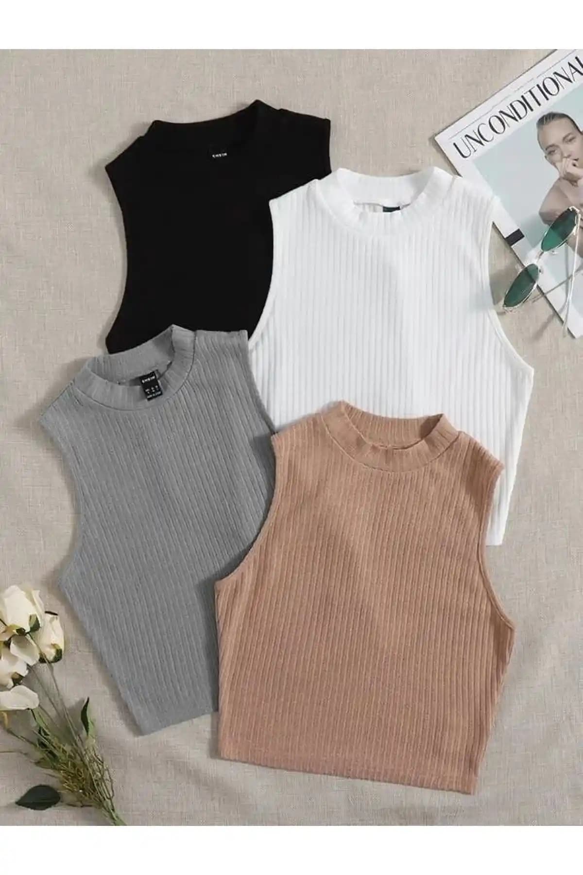 ÖZ PAMUK Kadın 4'lü Fitilli Crop Bluz: Şık ve Rahat Günlük Giyim Parçası