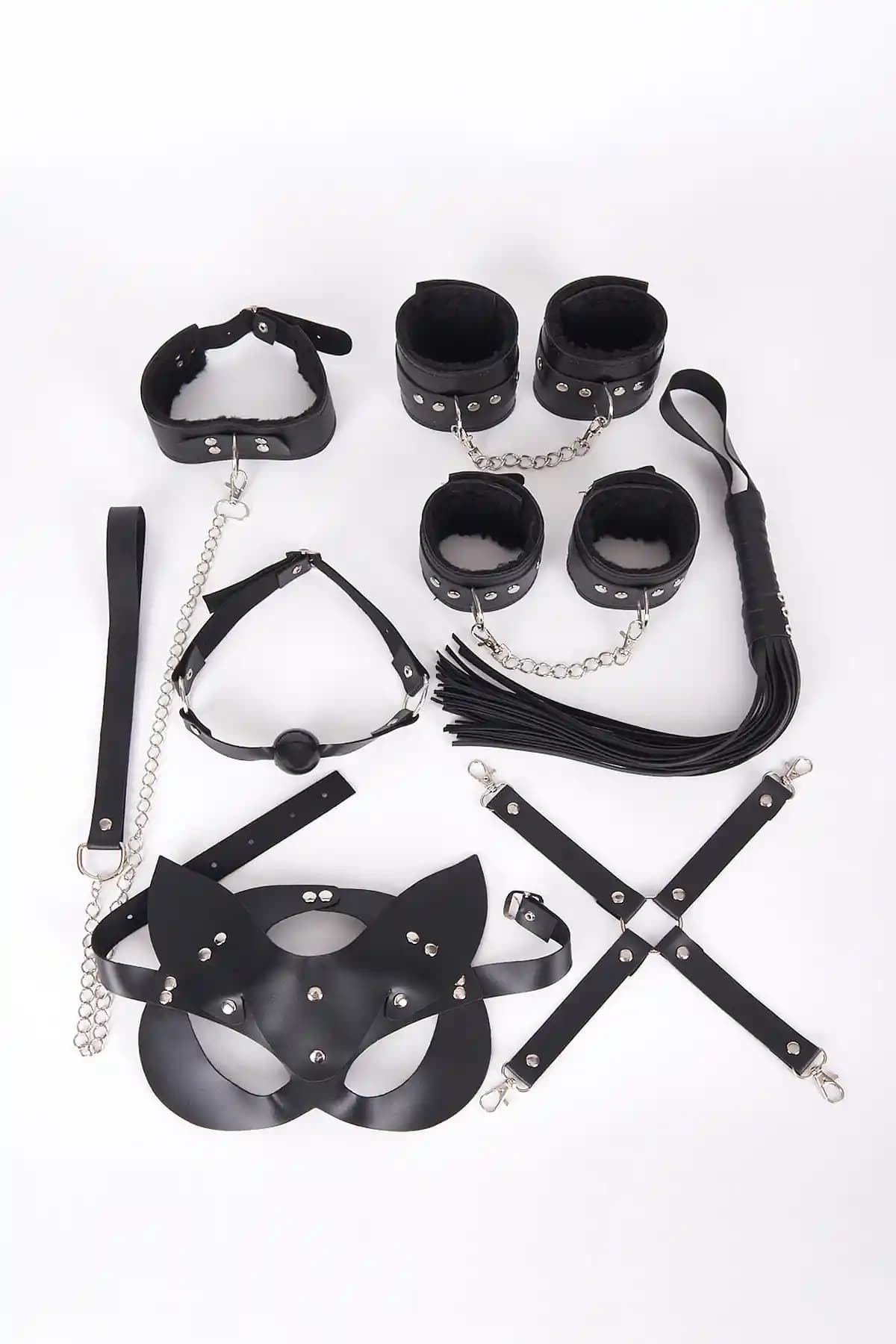 Pamuktenim Siyah Fantezi Kelepçe Kırbaç Seti 7'li: Estetik ve Çok Yönlü Kullanım