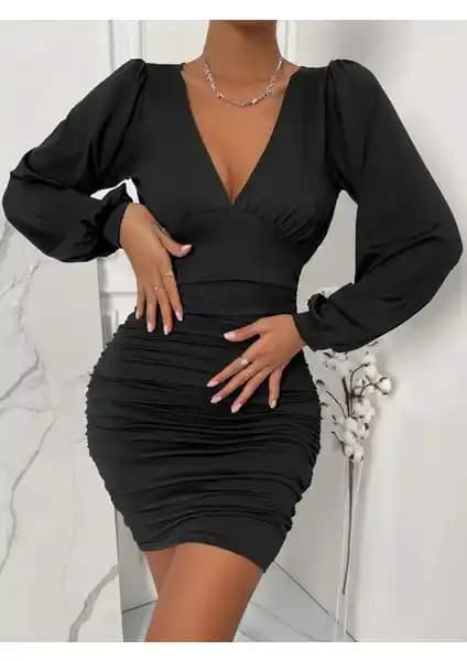 Pink Life Siyah Şifon Mini Uzun Kollu Elbise Kadınlar İçin Şık ve Zarif Tasarım