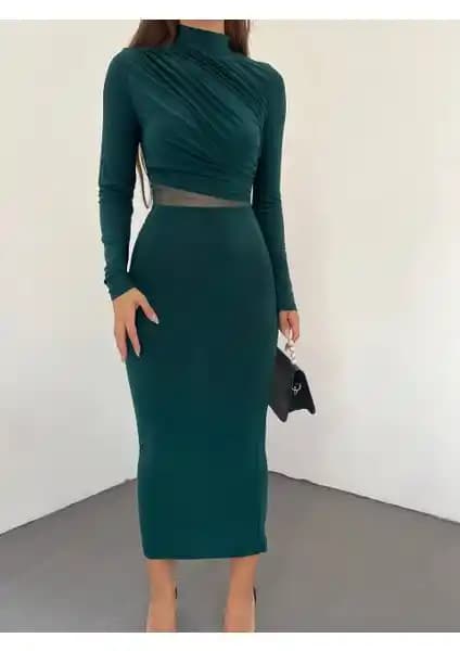 Sheyma Esnek Kumaş Tül Dekolte Detaylı Dik Yaka Uzun Kollu Midi Boy Kalem Elbise