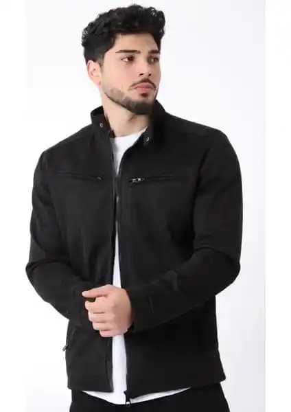 Stil Kombin Erkekler İçin Göğüs Fermuarlı Hakim Yaka Süet Mevsimlik Mont
