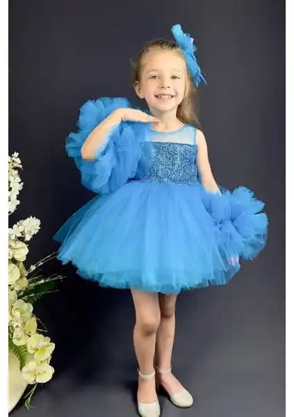 Abiye Kids Mavi Pullu Kol Detaylı Çocuk Abiyesi Şık ve Rahat Tasarım