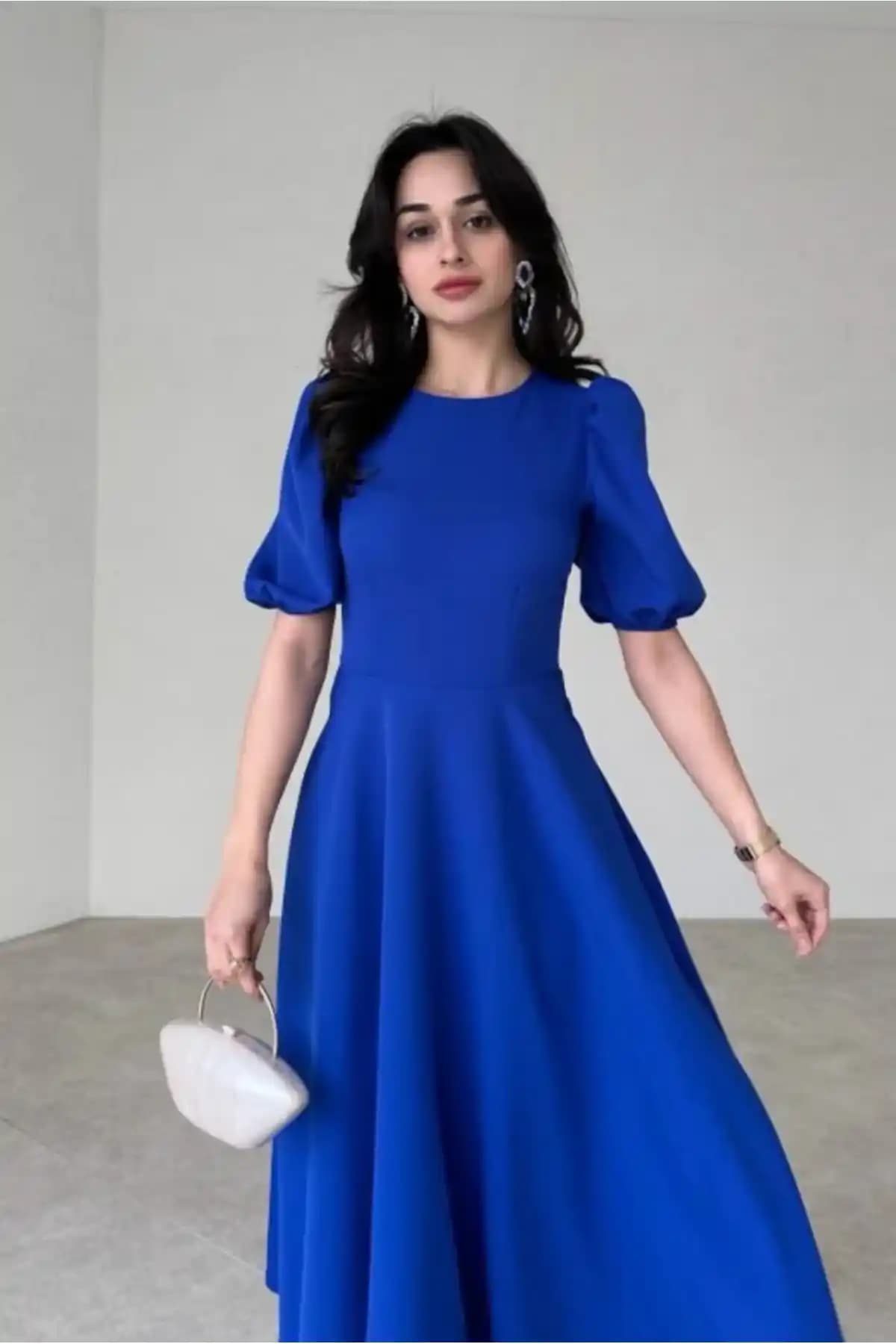 Afiş Butik Mavi Karpuz Kollu Midi Boy Elbise Şıklık ve Konfor Sunan Modern Tasarım