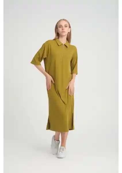Alexander Gardi Fitilli Fermuar Detaylı Gömlek Yaka Elbise Kadın Günlük ve Ofis Kullanımı İçin