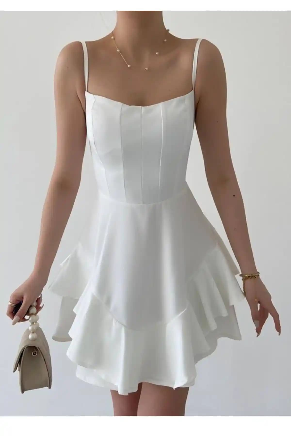 ALFUDO Prenses Model Askılı Beyaz Elbise - Yazlık Şık ve Rahat Tasarım