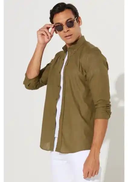 Altınyıl<dı>z Classics Erkek K.haki Slim Fit Düğmeli Yaka Keten Görünümlü Gömlek