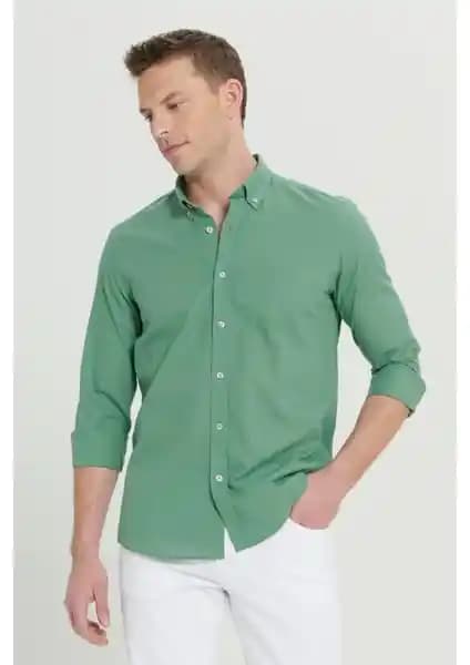 Altınyılz Classics Erkek Haki Slim Fit Dar Kesim Keten Görünümlü Pamuk Gömlek