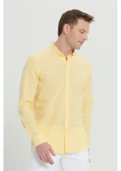 Altınyılz Classics Erkek Sarı Slim Fit Dar Kesim Keten Görünümlü Düğmeli Yaka Gömlek