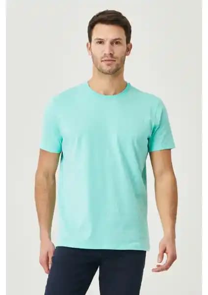Altınyılz Classics Erkek Turkuaz %100 Pamuk Dar Kesim Yuvarlak Yaka Tişört Günlük ve Spor Kullanım İçin