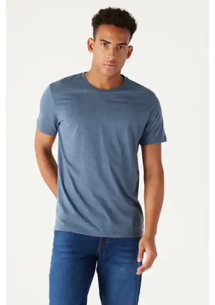 Altınyılz<dı>z Erkek Indigo Melanj Pamuklu Slim Fit Tişört Günlük ve Şık Kullanım İçin