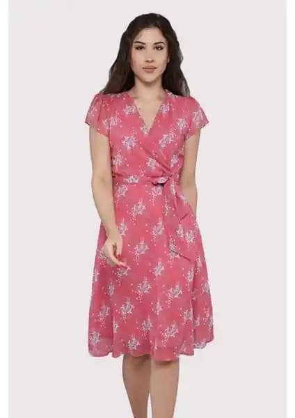 Apsen Kadın Renk Yavruağzı Bağlama Detaylı Kruvaze Yaka Midi Şifon Elbise