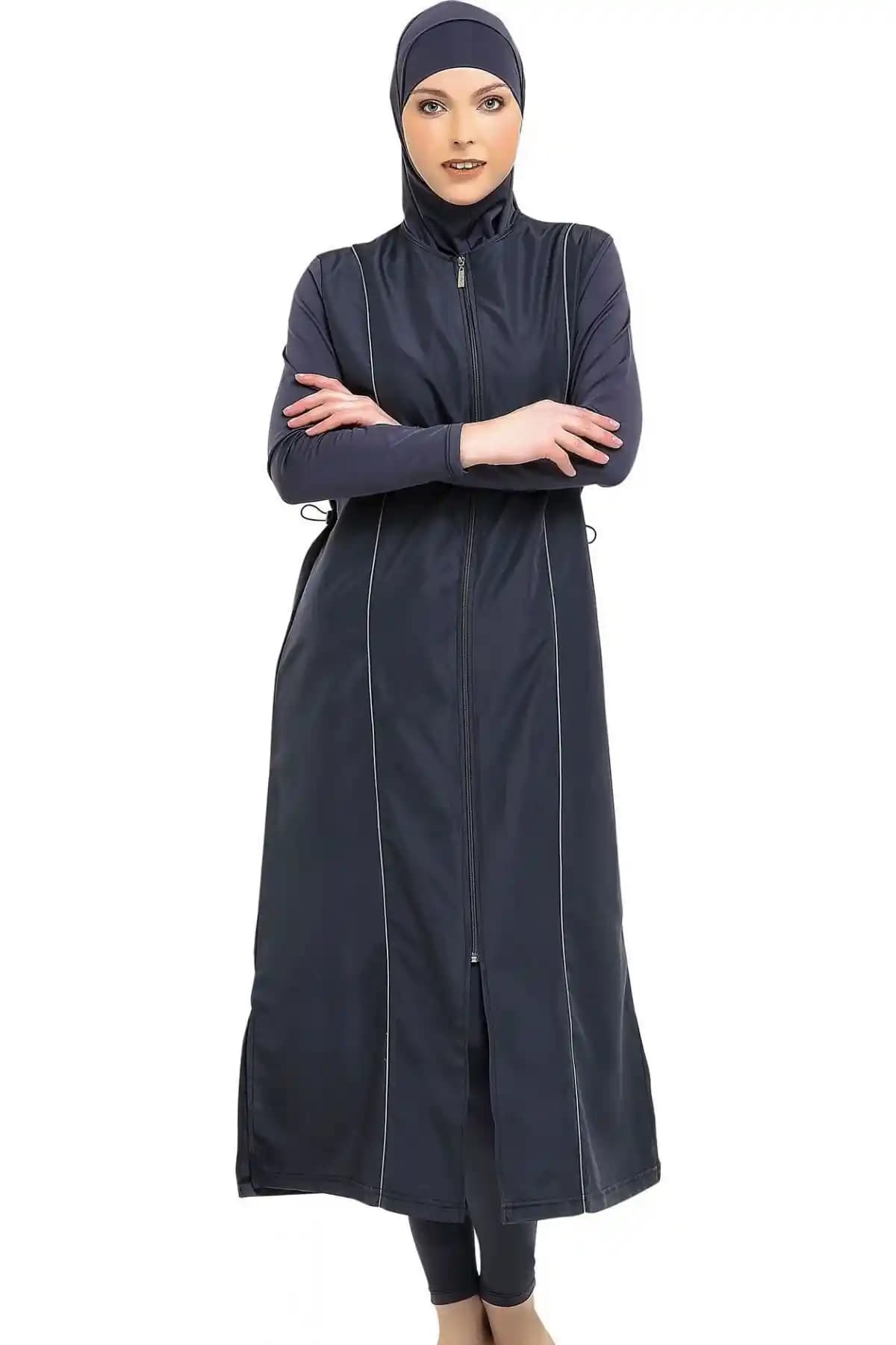 Argisa Ekstra Uzun Mikro Kollu Biyeli Tam Tesettür Mayo Büyük Beden Antrasit