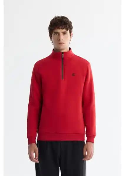 AVVA Erkek Kırmızı Dik Yaka Fermuarlı 3 İplik Şardonlu Regular Fit Sweatshirt