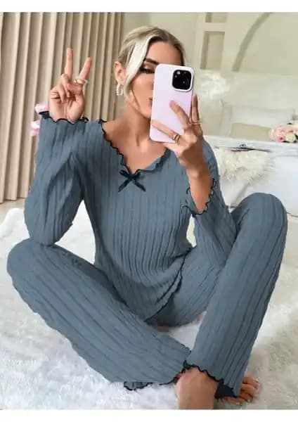 Bella Notte Indigo Pamuklu Fiyonk Detaylı Kadın Pijama Takımı Rahat ve Şık Tasarım