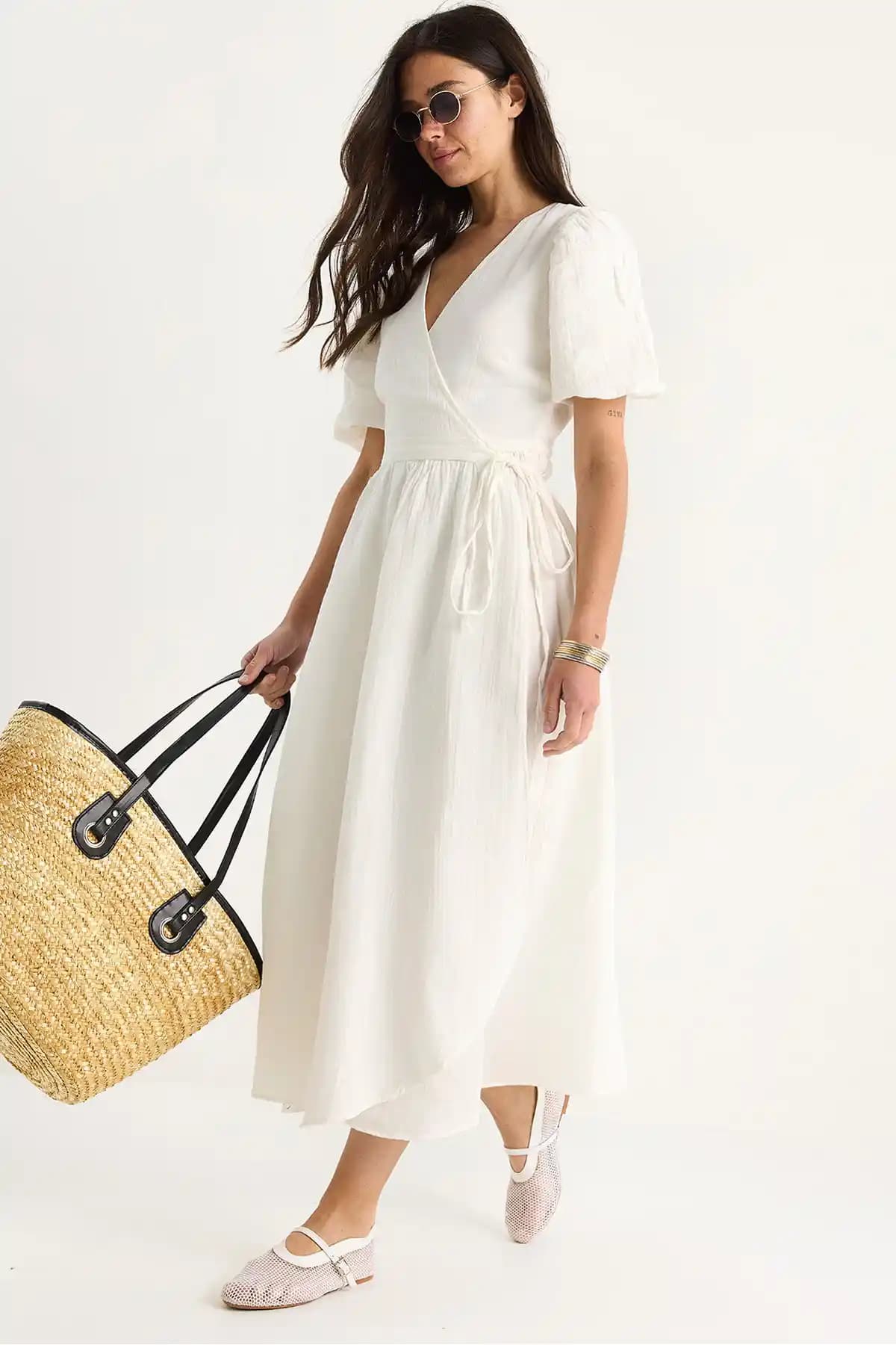 Bianco Lucci Kadın Kruvaze Kapamalı Balon Kollu Uzun Müslin Elbise Günlük ve Şık Kullanım İçin