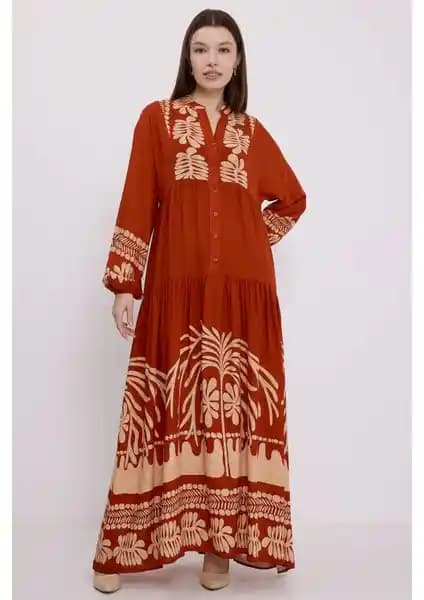 Bigdart Kadın Kiremit Vizon Viskon Tesettür Elbise 2423 Modern ve Şık Tasarım