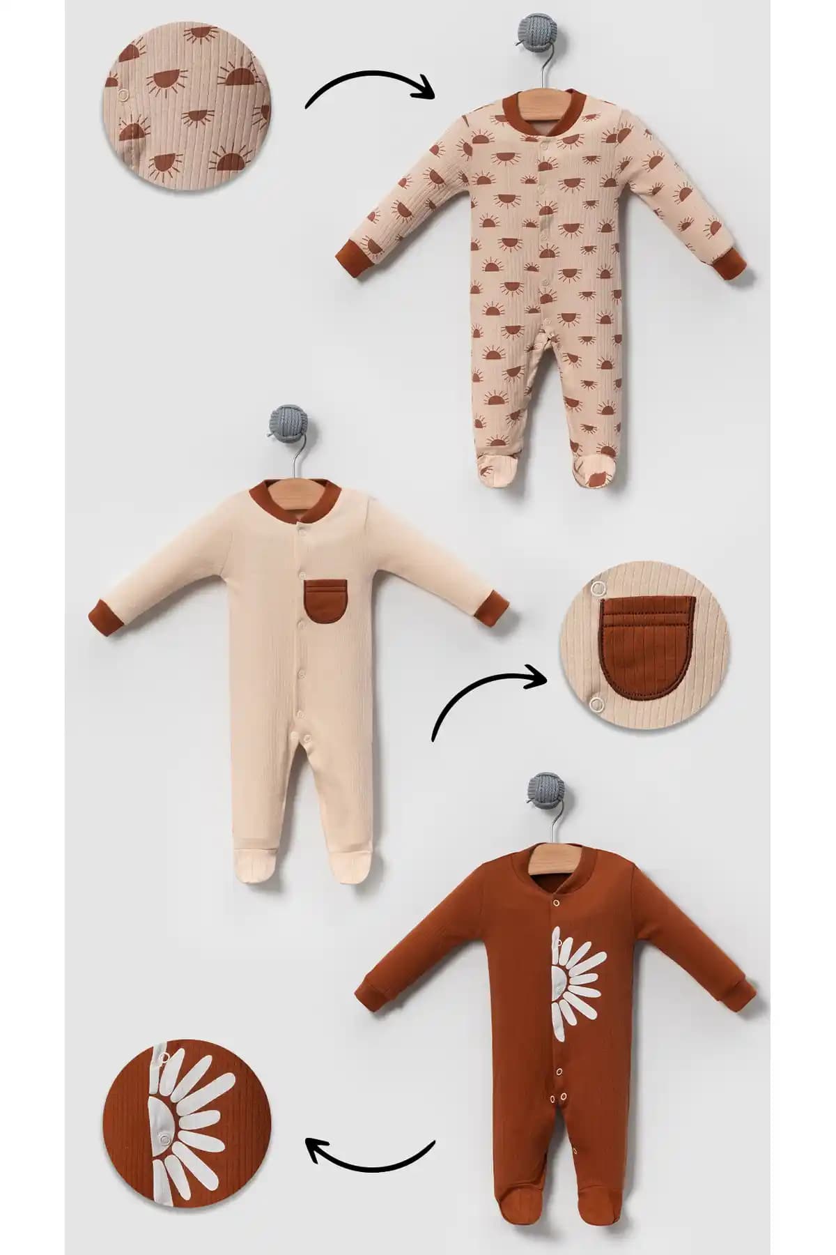 Bubito Güneş Desenli Penye Bebek 3'lü Tulum Seti Renkli ve Konforlu Günlük Giyim Seçeneği