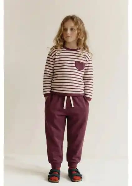 Cigit Çizgili Sweatshirt Takımı 1-7 Yaş Mürdüm Renkli Rahat ve Şık Çocuk Giyim Seçeneği