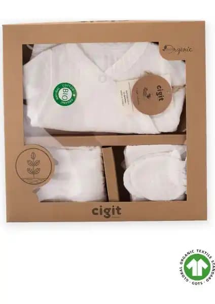 Cigit Organik Hastane Çıkışı Bebek Takımı 0-3 Ay Ekru Doğal ve Güvenli Bebek Giyim
