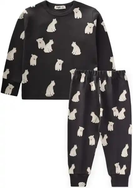 Çocuklar İçin Konforlu ve Şık Baskılı Pijama Takımı 1-5 Yaş Antrasit Renkli