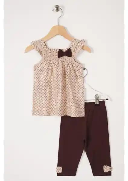Çocuklar İçin Şık ve Rahat Kare Yaka Fırfır Kol Puantiyeli Bej Taytlı Takım