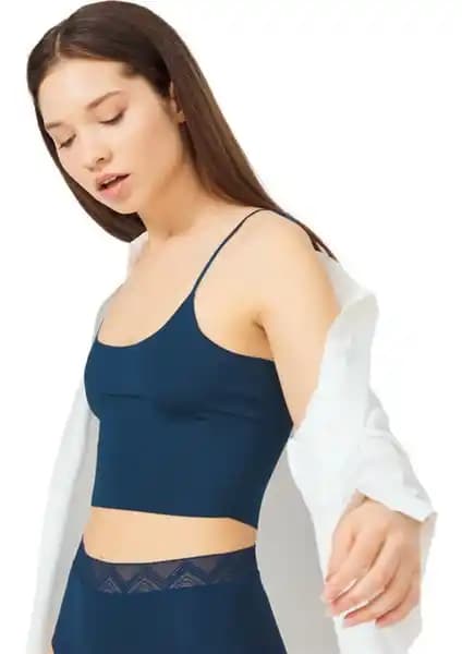 Cottonhill Petrol Yeşili Ayarlanabilir Askılı Lazer Kesim Kadın Crop Büstiyer