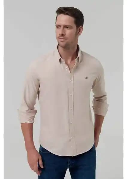 D'S Damat Slim Fit Bej Oxford Gömlek: Modern ve Şık Erkek Giyim Seçeneği